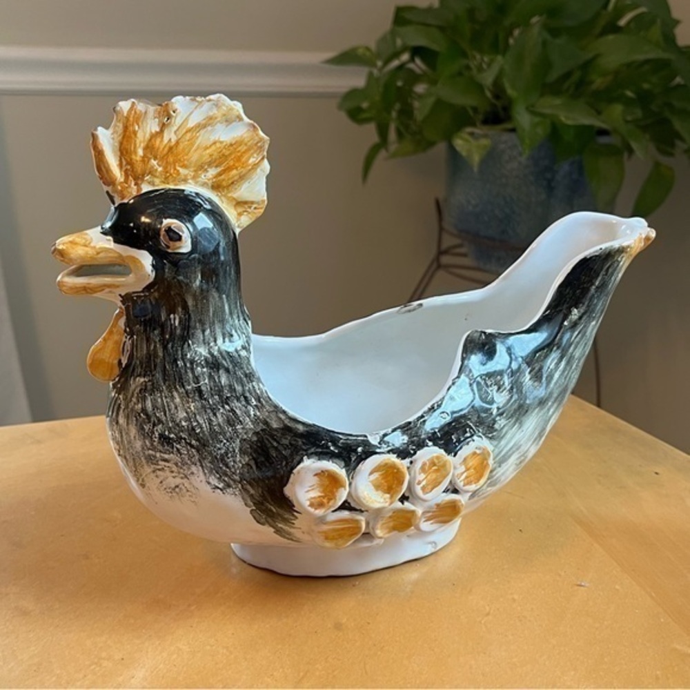 RARE Vintage Chicken Dish Vase Bowl Decor Hand Painted Made in Italy